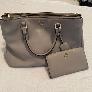 Tory Burch Gray Leather Tote and Wallet Set